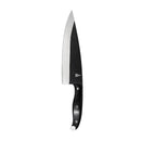 The Folded Steel Primrose 8 Inch Chef Knife features a shiny silver 1095 high-carbon steel blade and a black handle, displayed on a white background.