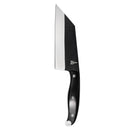 The Folded Steel Primrose Cleaver features a wide, angled 1095 high-carbon steel blade with a matte black upper finish, a visible logo near the base, and a black handle—perfect for outdoor cooking.