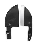 The Folded Steel Primrose Serbian Chef Knife with a wide 1095 high-carbon steel blade and black handle sits beside a snap-close black leather sheath, both displayed on white—ideal for outdoor cooking.