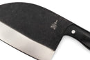 A close-up of the Folded Steel Primrose Serbian Chef Knife with a 1095 high-carbon steel blade, black handle, and sword with coiled snake logo on the blade, shown against a white background.