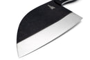Close-up of the Folded Steel Primrose Serbian Chef Knife, featuring a wide, curved 1095 high-carbon steel blade and black handle—an ideal, durable choice for outdoor cooking, shown against a white background.