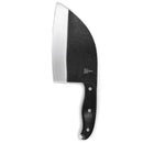 The Folded Steel Primrose Serbian Chef Knife features a large, curved 1095 high-carbon steel blade and a black ergonomic triple-riveted handle, ideal for outdoor cooking. Shown isolated on a white background.
