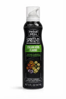 A black Proud Grill Spritz It BBQ Marinade Spray Italian Herb can (5 fl. oz.) features grilled veggies, holding flammable, pressurized Italian herb marinade for easy BBQ flavor.