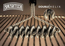 Close-up of the Brushtech Quad Spring Safety Double-Helix Bristle-Free Spiral BBQ Brush cleaning grill grates. The Brushtech logo is in the upper left, a detailed inset shows its bristle-free cleaning, and "Double Helix" appears on the right.