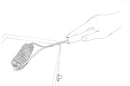 A hand holds the Brushtech Quad Spring Safety Double-Helix Bristle-Free Spiral BBQ Brush, with the brush resting on a rectangular surface. The black-and-white line drawing features simple, clear lines.