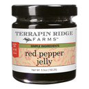 Terrapin Ridge Farms Red Pepper Jelly - 5.3oz comes in a jar with a black lid and pepper illustrations. It's gluten free, oil free, vegan, and perfect for cheese boards. Net weight: 5.3 oz (150.25 g).