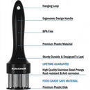 The Amazon Round 24-Blade Meat Tenderizer features stainless steel prongs, ergonomic handle, hanging loop, and BPA-free premium plastic. Durable and rust-resistant with a lifetime guarantee for safe, worry-free use.