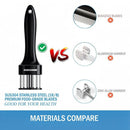 A comparison image shows the Amazon Round 24-Blade Meat Tenderizer with premium food-grade stainless steel blades outperforming other tenderizers made of SUS420J2, aluminum, and zinc-alloy—these alternatives are marked with red Xs for quality contrast.