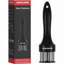 A black Amazon Round 24-Blade Meat Tenderizer with sharp stainless steel blades is displayed beside its black and red box, which showcases product details and an image of the tenderizer on the front.
