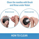 Two images show hands cleaning the Amazon Round 24-Blade Meat Tenderizer: first brushing side-to-side between the blades, then up-and-down. Text instructs to use a brush for cleaning, then rinse under water.