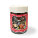 A 4 oz jar of SALTOPIA Infused Sea Salts from the Steak Bundle—Searingly Great Flavors. It features a red label with wine, steak, and veggies images, a white lid, and delivers steakhouse-style flavor.