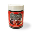 A 4oz jar of SALTOPIA Infused Sea Salts' Steak Bundle - Searingly Great Flavors, featuring a white lid and steakhouse-style infused sea salt seasoning, with a label showing seasoned meat.