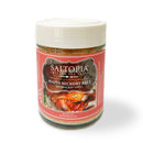 A 4 oz jar of SALTOPIA Infused Sea Salts with a Maple Hickory blend, featuring glazed chicken wings on a red label and white lid. Part of the Saltopia Ultimate Pitmaster's BBQ Seasonings Kit, it's perfect for bold grilling and smoking flavors.