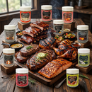A wooden table with grilled meats, sauces, and roasted veggies is surrounded by the SALTOPIA Infused Sea Salts Ultimate Pitmaster's BBQ Seasonings Kit, bringing fresh flavor and aroma to your ultimate grilling and smoking experience.