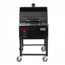 The Smokin Brothers "24" Premier Plus Pellet Grill is a black metal insulated smoker on four caster wheels, with a lid handle, top chimney, and front panel featuring a small digital display with control buttons.