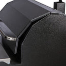 Close-up view of the Smokin Brothers "24" Premier Plus Pellet Grill, showcasing its black textured insulation, partially opened lid with stainless steel handle, and a focus on the corner hinge area.