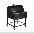 The Smokin Brothers "30" Premier Plus Pellet Grill is a black, rectangular wood pellet smoker on four caster wheels with a covered cooking chamber, front shelf, and control panel, shown against a plain white background.