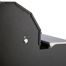 Close-up of a textured black metal surface with angular edges, a hexagonal bolt, circular knob, and metal bracket on the side of a Smokin Brothers “30” Premier Plus Pellet Grill.