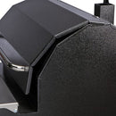 Close-up of the Smokin Brothers “30” Premier Plus Pellet Grill, featuring a black textured metal lid with a chrome handle, partially open to reveal its angular edges and sturdy construction.