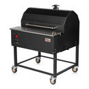 The Smokin Brothers “36” Premier Plus Pellet Grill is a black, rectangular, American-made commercial-grade grill on four caster wheels with a stainless steel handle, control panel, and top-lid vent for authentic wood-fired flavor.