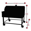 Silhouette of the Smokin Brothers "36” Premier Plus Pellet Grill on wheels, labeled with dimensions: 36" wide, 45.5" tall, and 32" deep. Red flame icons highlight each measurement, emphasizing its wood-fired flavor experience.