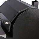 Close-up of the Smokin Brothers “36” Premier Plus Pellet Grill—a black, textured metal American-made grill with a closed angular lid and chrome handle, crafted to deliver authentic wood-fired flavor.