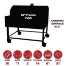 Silhouette of the Smokin Brothers “36” Premier Plus Pellet Grill shows its 976 sq in cooking surface, holding 10 racks, 11 butts, 3 briskets, 14 chickens, 61 burgers, or 81 wings for wood-fired flavor. Proudly American-made.