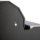 Close-up of a black, textured metal object with angular edges, featuring a small round knob and silver bracket—detail of the Smokin Brothers “36” Premier Plus Pellet Grill, an American-made grill for rich wood-fired flavor.