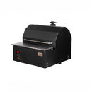 The Smokin Brothers Premier Plus Built-In Pellet Grill with Kit, in black, features a stainless steel handle, digital control panel, and chimney vent—ideal for your outdoor kitchen. Shown on a plain white background.