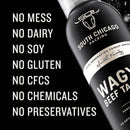 A South Chicago Packing Wagyu Beef Tallow Cooking Spray can is shown beside bold text: No Mess, No Dairy, No Soy, No Gluten, No CFCs, No Chemicals, No Preservatives.