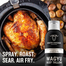 A golden roasted chicken and potatoes rest in an air fryer. In front, a can of South Chicago Packing Wagyu Beef Tallow Cooking Spray ensures a perfect nonstick finish—spray, roast, sear, or air fry with South Chicago Packing.