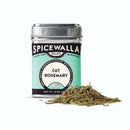A tin of Spicewalla Cut Rosemary stands by a small pile of dried rosemary leaves, ready to add aromatic herbal flavor, on a white background.