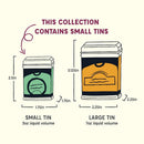 Illustration compares Spicewalla Kitchen Essentials 3-Pack tins: small tin (2.5” x 1.75”, holds 3oz) vs. large tin (3.125” x 2.25”, holds 7oz). This set includes small tins—ideal for kitchen essentials from Spicewalla.