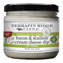 Terrapin Ridge Farms Bacon & Scallion Cream Cheese Dip (11 oz/311g) is gluten free and contains no seed oil. The jar features bacon and scallion illustrations, making it a savory appetizer everyone will enjoy.