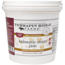 A white plastic quart container of Terrapin Ridge Farms Balsamic Onion Jam, with onion illustrations, labeled gluten-free and vegan. Perfect for burgers or charcuterie. Net weight: 42.5 oz (1.20 kg).