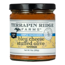 Terrapin Ridge Farms Bleu Cheese Stuffed Olive Dip, gluten free and weighing 9 oz (255g), is ideal as a charcuterie board spread or dip. It comes in a jar with a white label featuring blue and yellow accents.