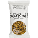 Terrapin Ridge Farms Butter Braided Pretzel Twists come in a clear bag with a circular window showing the golden-brown twists inside, adorned with black and white text—an ideal savory snack for charcuterie boards.