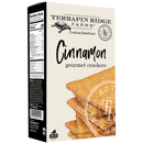 A box of Terrapin Ridge Farms Cinnamon Crackers, showing images of cinnamon crackers and Terrapin Ridge Farms branding. Ideal for pairing with cheese, the packaging includes nutrition facts on the side panel.