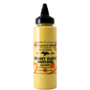 A squeezable bottle of Terrapin Ridge Farms Creamy Garlic Mustard Squeeze features a black cap, yellow mustard inside, and a beige label with product details.