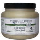 A quart jar of Terrapin Ridge Farms Dill Pickle Mustard features a black lid, white label with green accents, product name, 32 oz weight, gluten-free symbol, and simple ingredients text—perfect as a burger condiment.