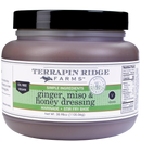 A quart of Terrapin Ridge Farms Ginger, Miso & Honey Dressing, a vegan, oil-free Asian-inspired salad dressing by Terrapin Ridge Farms. The 38.98 oz (1105.06g) container is perfect for marinades or stir fry; nutritional info is on the right.