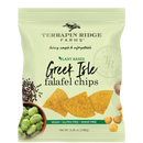 Terrapin Ridge Farms Greek Isle Falafel Chips come in light green packaging and feature chickpeas, green olives, and black pepper for a Mediterranean-inspired, vegan, gluten-free, and wheat-free snack.