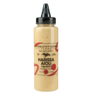Terrapin Ridge Farms Harissa Aioli Squeeze, a beige sauce in a squeeze bottle with a black cap and gluten-free label, is perfect as a tasty condiment for burgers.