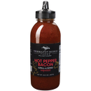 A 16.5 oz bottle of Terrapin Ridge Farms Hot Pepper Bacon Grill & Wing Squeeze sauce, featuring a black label and squeeze cap. This smoky, red barbecue sauce has pepper and spice flecks—ideal for wings or grilling.