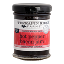 Terrapin Ridge Farms Hot Pepper Bacon Jam - 2oz is a gourmet, gluten-free bacon condiment, ideal as a cheese topper or smoky spread. Comes in a glass jar with black lid and red label.