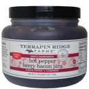 A 41 oz (1162g) jar of Terrapin Ridge Farms Hot Pepper Berry Bacon Jam with a black lid. This gluten-free gourmet spread is ideal as a cheese topper or condiment. Brand: Terrapin Ridge Farms.