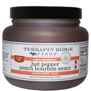 A 40.96 oz (1161g) quart of Terrapin Ridge Farms Hot Pepper Peach Bourbon Sauce, a gourmet glaze or cheese topper. The white label features gluten-free and non-GMO icons. Brand: Terrapin Ridge Farms.