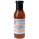 A 12 fl oz bottle of Terrapin Ridge Farms Hot Pepper Peach Bourbon Sauce with a black cap and a white label featuring orange and gray accents.