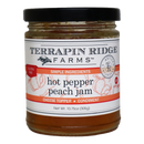 Terrapin Ridge Farms Hot Pepper Peach Jam, 10.75 oz (305g), is a gourmet, gluten-free jam made with simple ingredients. Ideal for charcuterie boards, cheese, or as a condiment. Features peach illustrations on the glass jar label.