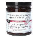 Terrapin Ridge Farms Hot Pepper Raspberry Preserves comes in an 11 oz glass jar with a black lid. This gluten-free, sweet and spicy spread is made with simple ingredients—perfect for cream cheese appetizers.